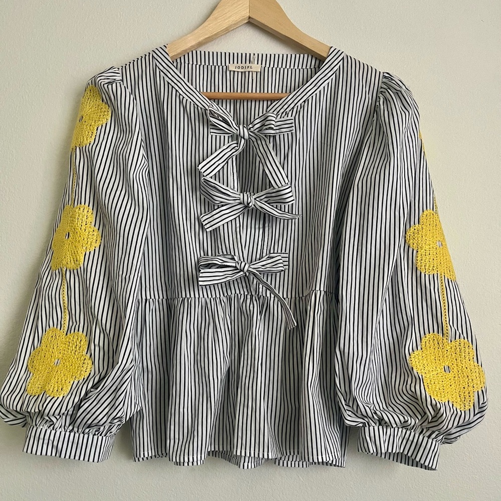 Boutique Striped Blouse with Embroidered Yellow Floral designs.